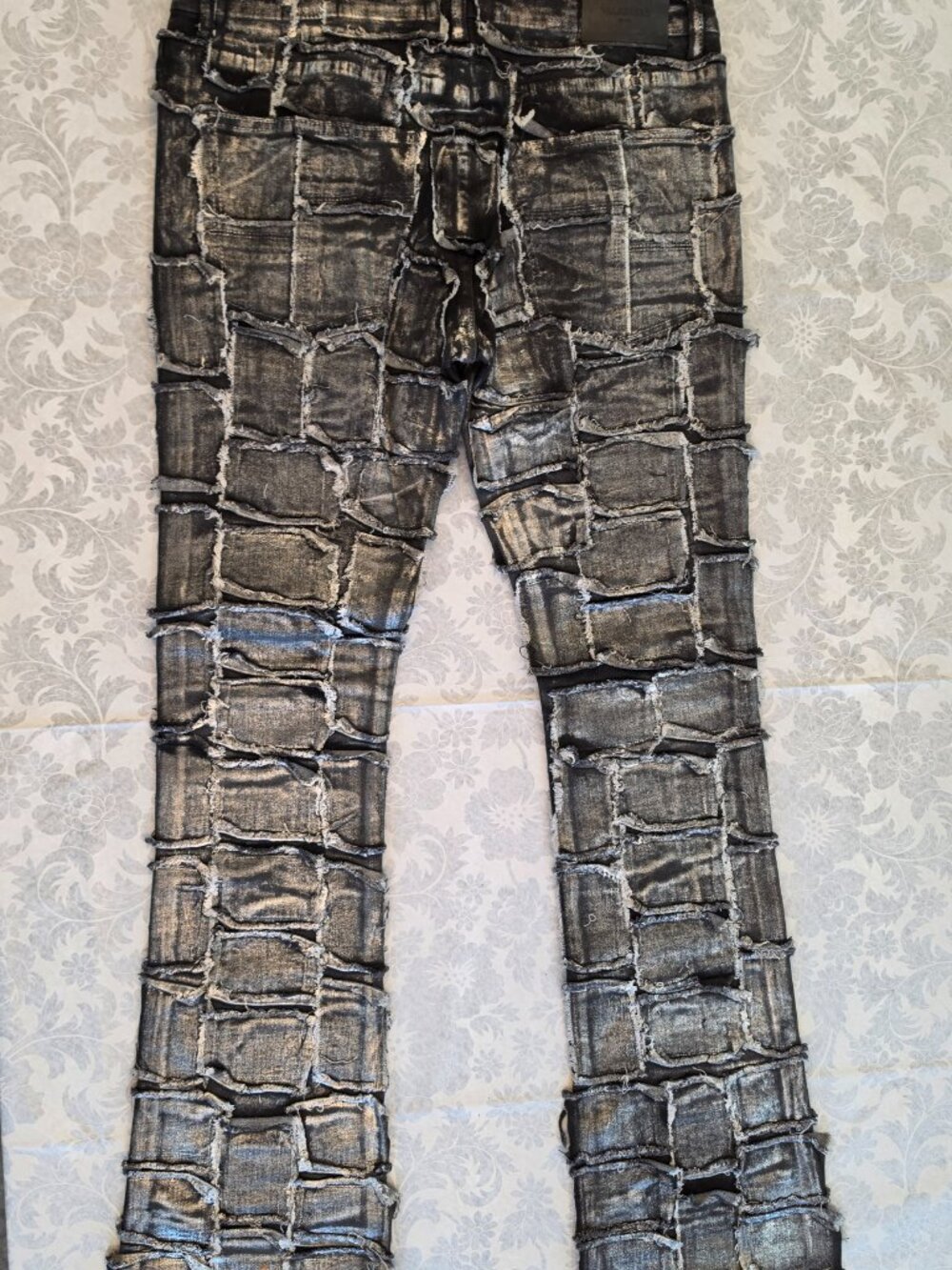 Valabasas Zodiac Metallic Silver Waxed Stacked Flare Jeans Size 34
